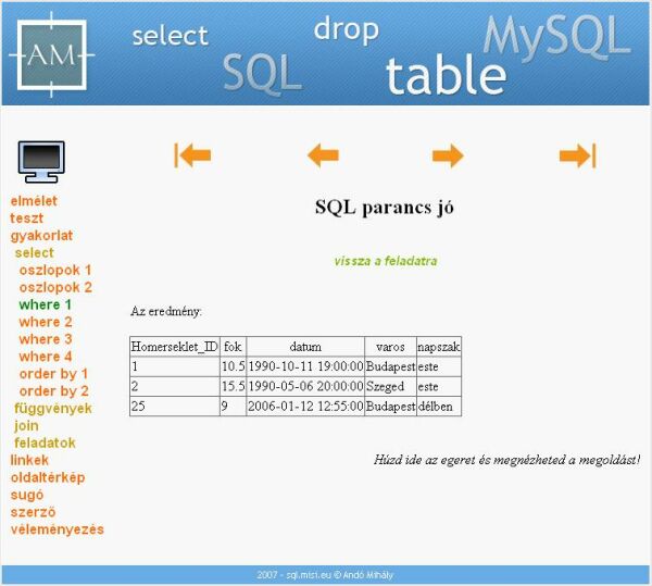 A jó SQL utasítás eredménye